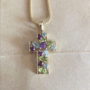 14k gold multi-colored stone cross necklace
